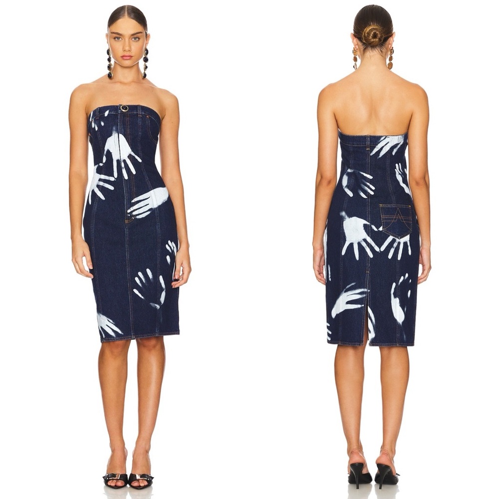 AREA Handprint Strapless Denim Midi Dress Italy